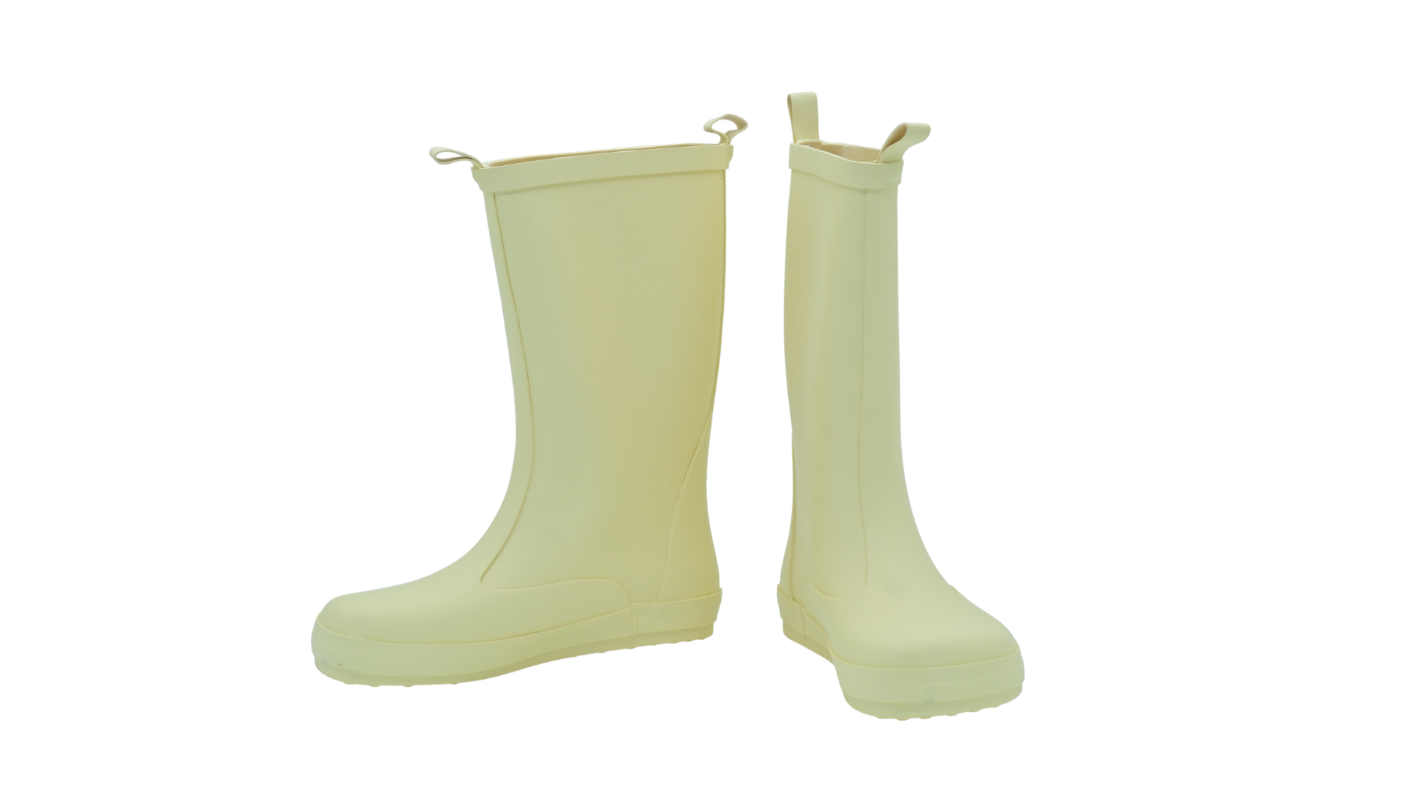 Kinder-Barfußgummistiefel mit breiter Zehenbox, geschlossenem Zehenbereich, geschlossenem Fersenbereich, hohem Schaft, Schlupfform ohne Verschluss, flexible Sohle, schräge Vorderansicht als Paar