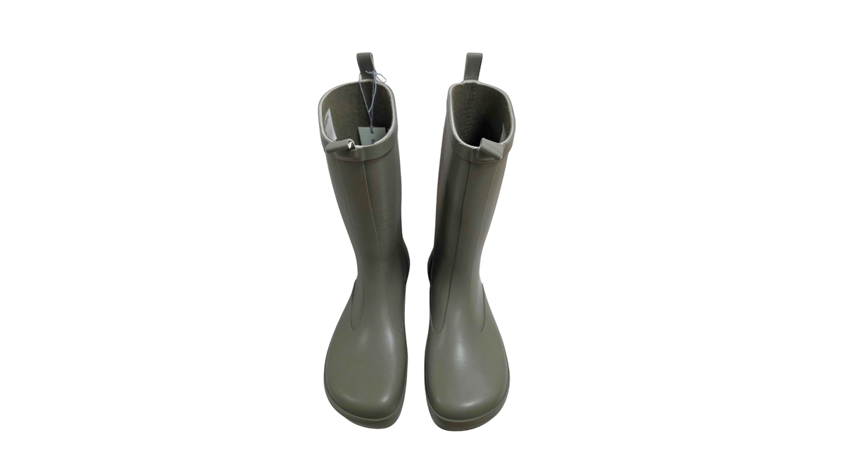 Kinder-Barfußgummistiefel mit breiter Zehenbox, geschlossenem Zehenbereich, geschlossenem Fersenbereich, hohem Schaft, Schlupfform ohne Verschluss, flexible Sohle, Draufsicht als Paar