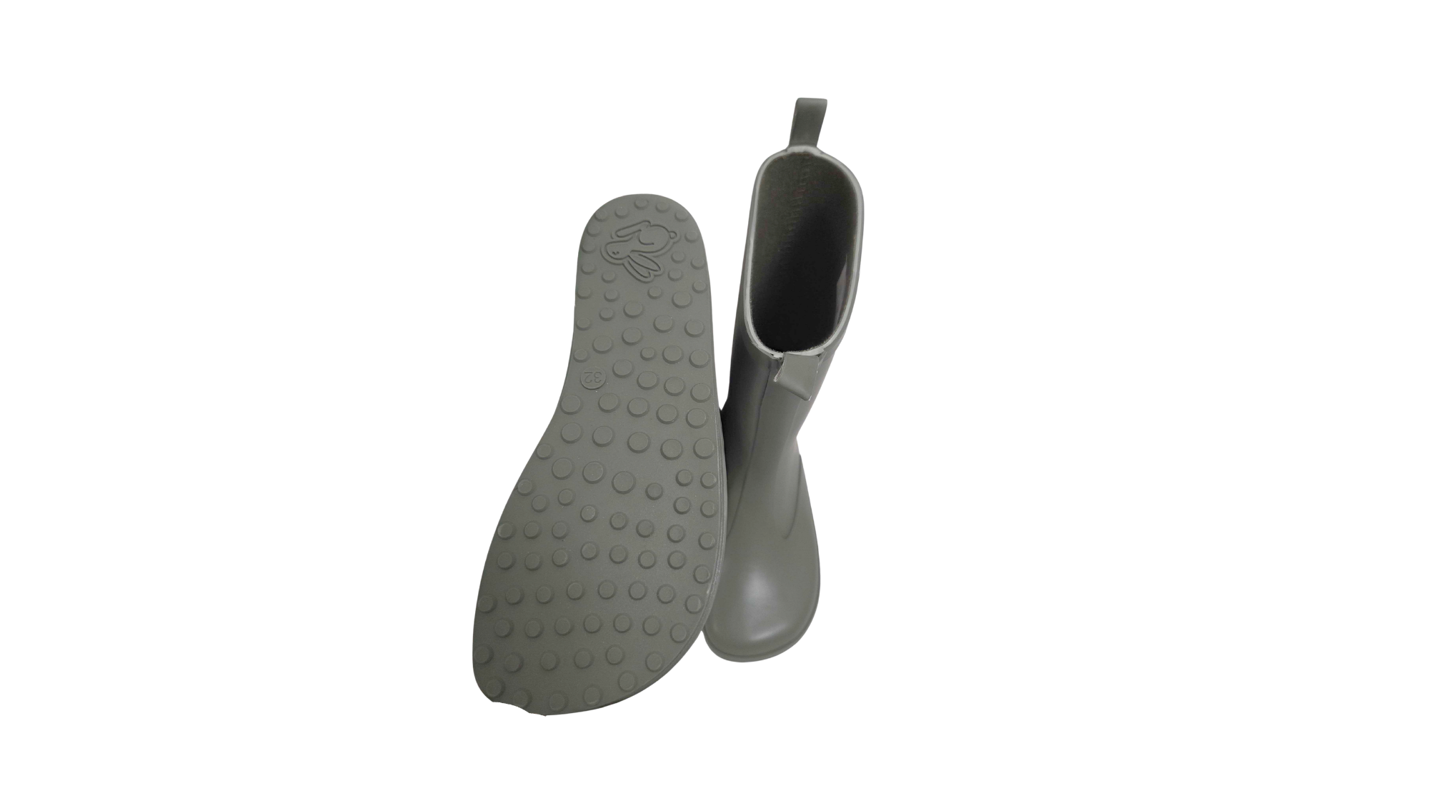 Kinder-Barfußgummistiefel mit breiter Zehenbox, geschlossenem Zehenbereich, geschlossenem Fersenbereich, hohem Schaft, Schlupfform ohne Verschluss, flexible Sohle, Ansicht von unten und Draufsicht, Paar