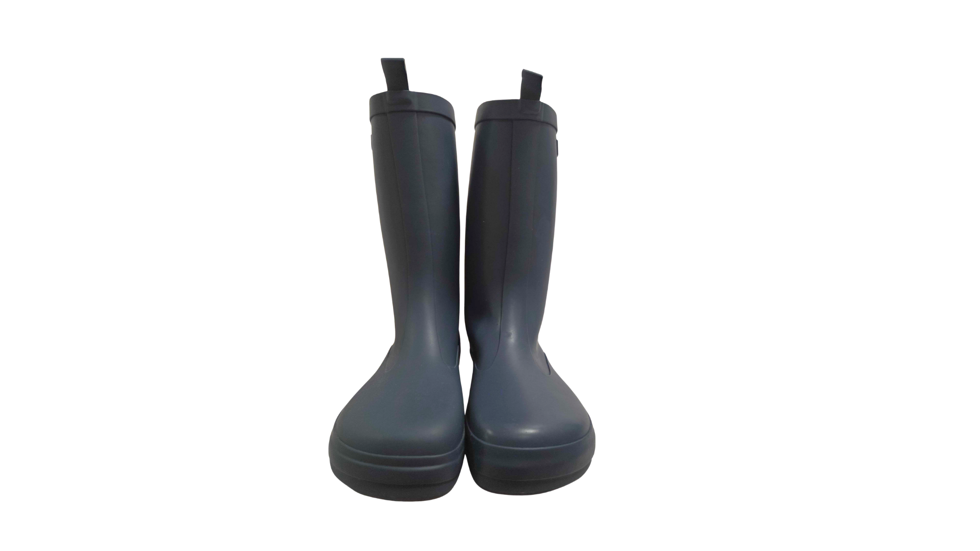 Kinder-Barfußgummistiefel mit breiter Zehenbox, geschlossenem Zehenbereich, geschlossenem Fersenbereich, hohem Schaft, Schlupfform ohne Verschluss, flexible Sohle, Vorderansicht als Paar