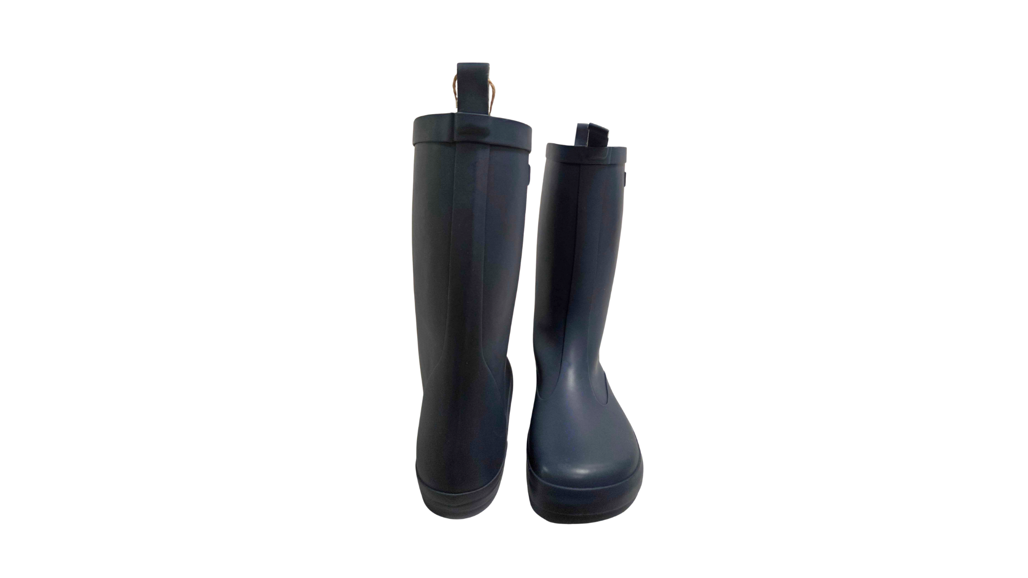 Kinder-Barfußgummistiefel mit breiter Zehenbox, geschlossenem Zehenbereich, geschlossenem Fersenbereich, hohem Schaft, Schlupfform ohne Verschluss, flexible Sohle, Rückansicht und Vorderansicht, Paar