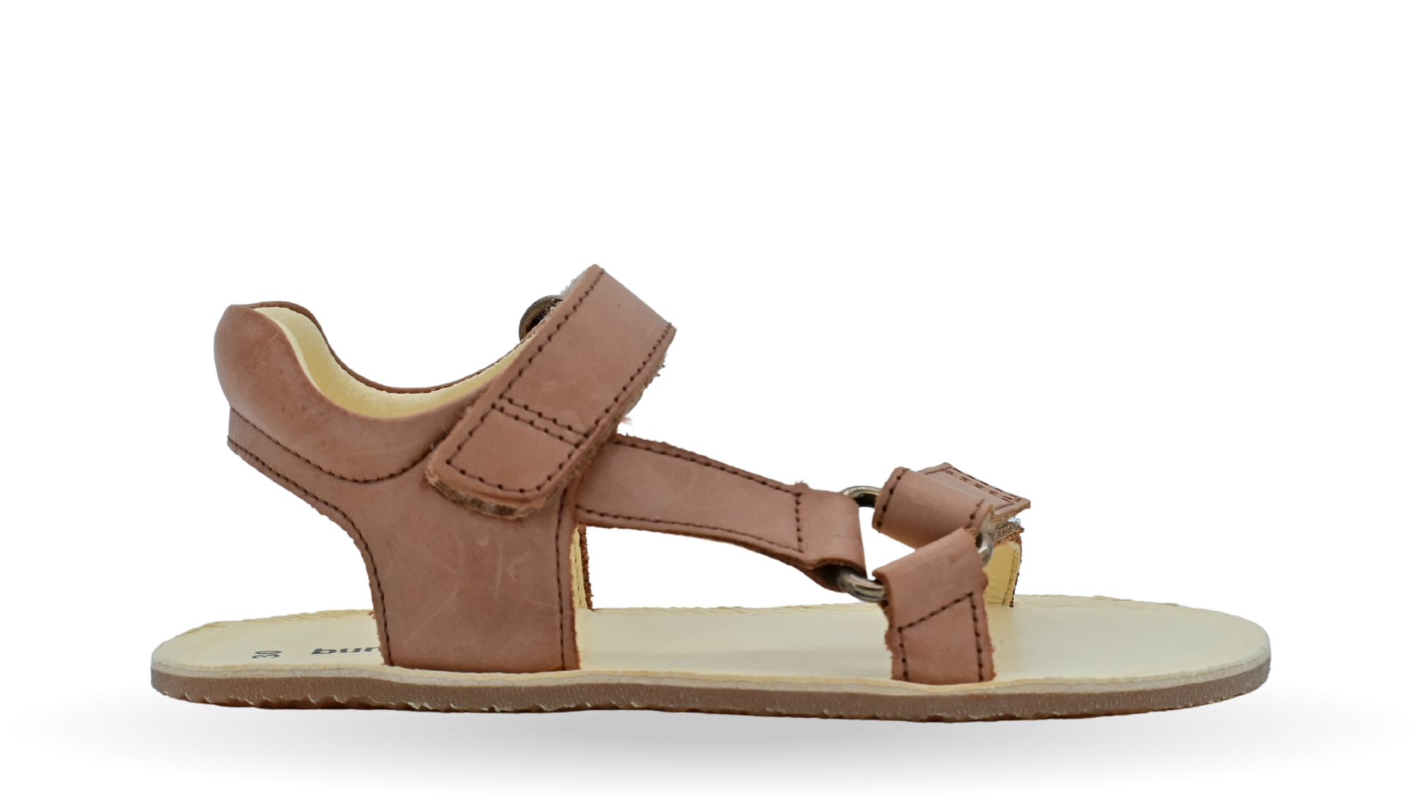 Barfußsandale mit Zehensteg und Klettverschluss, offene Zehen, offener Fersenbereich, flexible Sohle, Seitenansicht außen, einzelner Schuh
