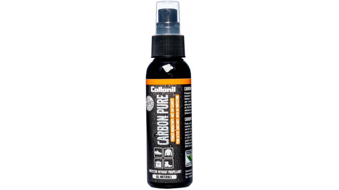 Schuhpflegespray in Sprühflasche mit Sprühkopf, zylindrische Flasche mit Produktetikett und Piktogrammen, Detailansicht