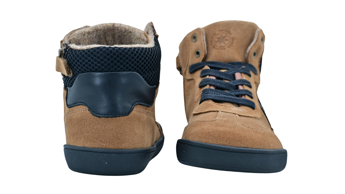 Halbhohe Barfußschuhe für Damen und Jugendliche mit Schnürung und geschlossener Ferse, Rückansicht und Vorderansicht