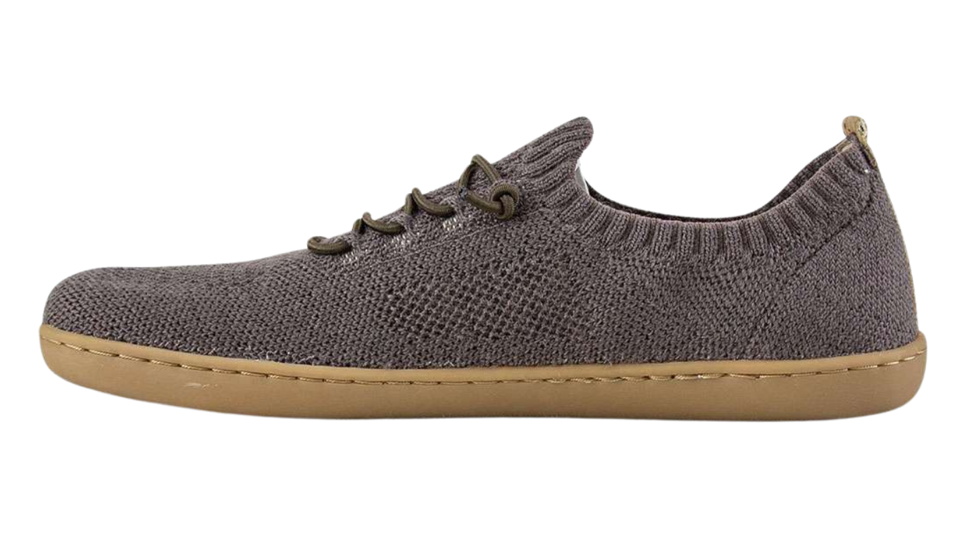 Barfußschuh mit Strickobermaterial, geschlossene Zehen und geschlossener Fersenbereich, elastische Schnürung, flexible Sohle, Einzelschuh, Seitenansicht innen