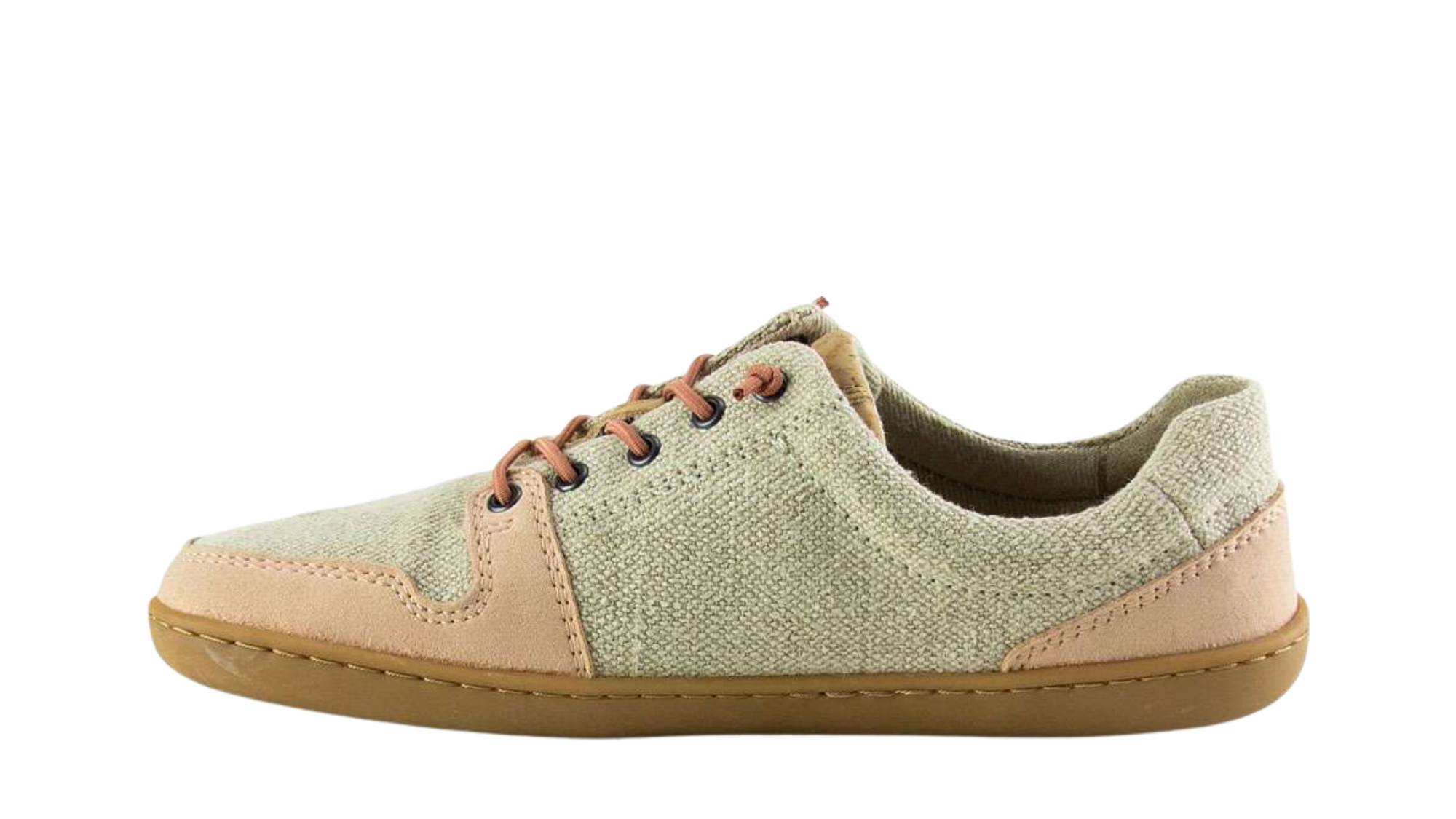 Barfußschuh für Erwachsene mit breiter Zehenbox, geschlossenem Zehenbereich, geschlossener Ferse, Schnürung, flacher flexible Sohle, Seitenansicht innen.