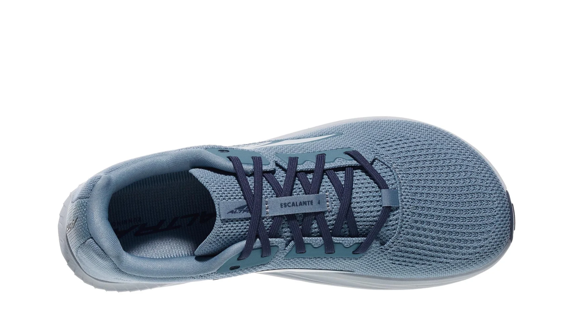 Laufschuhe als Paar, Draufsicht von oben. Innenform und Fersenaufnahme sichtbar.