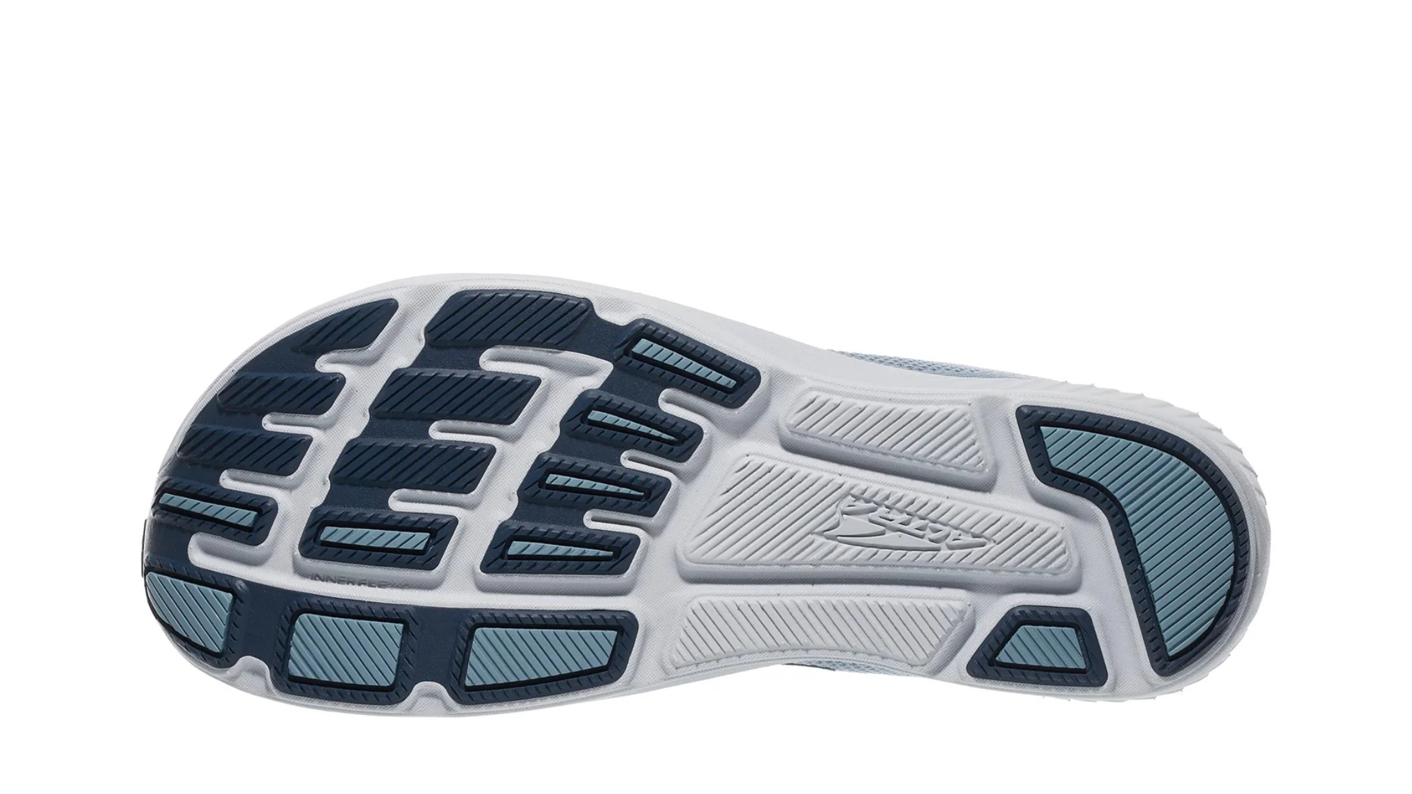 Laufschuh, Ansicht von unten. Segmentierte Laufsohle mit klar abgegrenzten Profilfeldern.