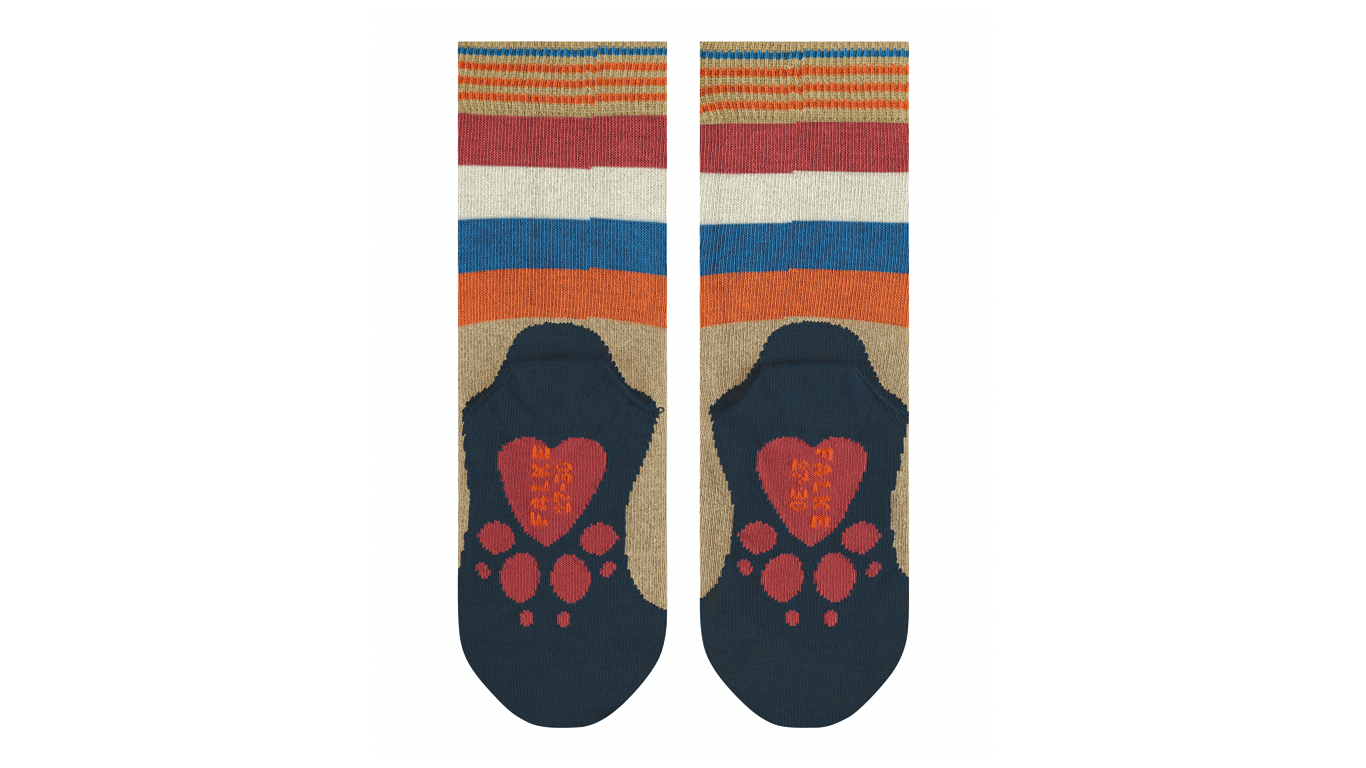 Kindersocken als Paar mit hohem Schaft und Motiv an der Sohle, Ansicht von unten.