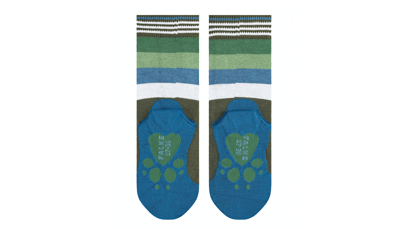 Kindersocken als Paar mit hohem Schaft und Motiv an der Sohle, Ansicht von unten.