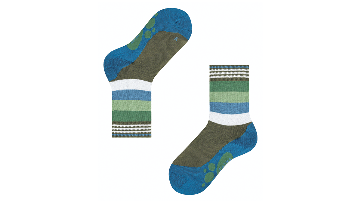 Kindersocken als Paar mit hohem Schaft und Streifenmuster, Seitenansicht.