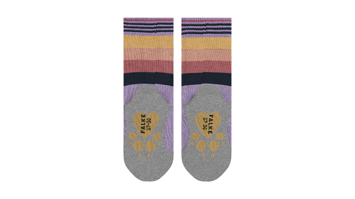 Kindersocken als Paar mit hohem Schaft und Motiv an der Sohle, Ansicht von unten.