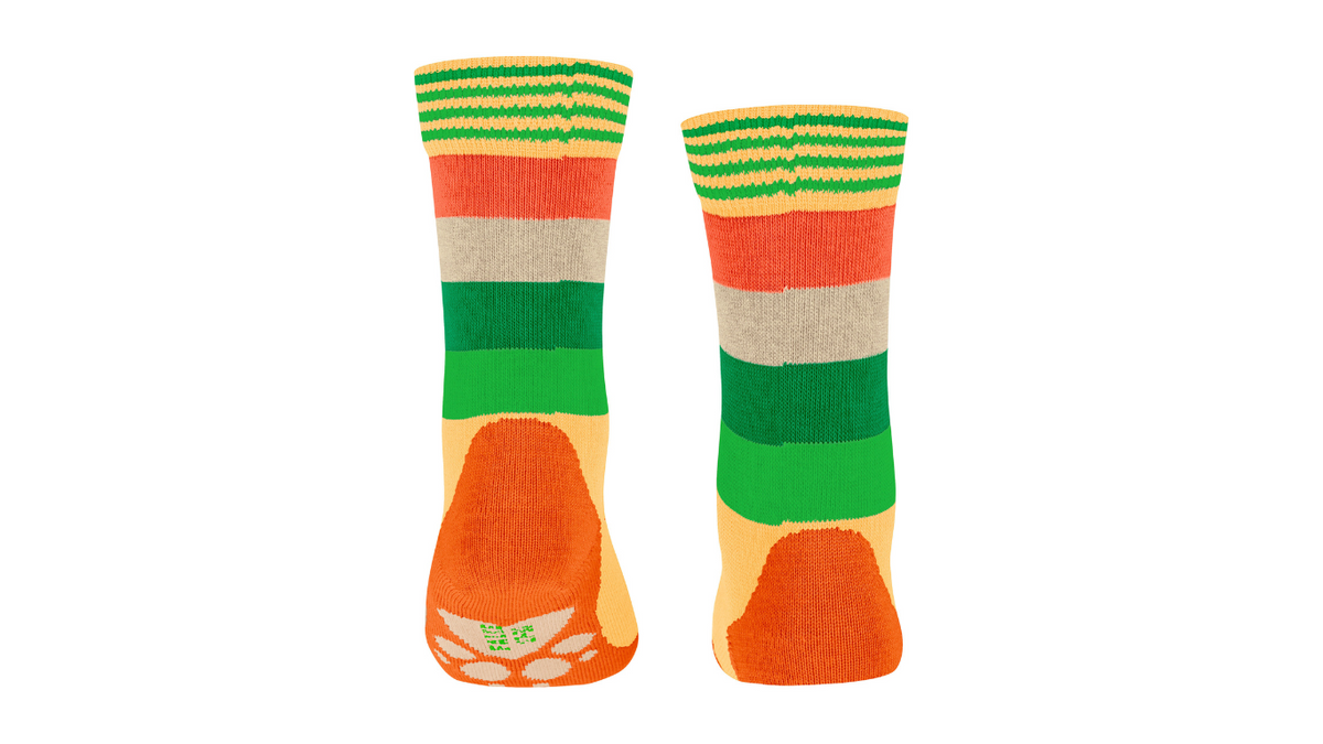 Kindersocken als Paar mit hohem Schaft und Streifenmuster, Rückansicht.