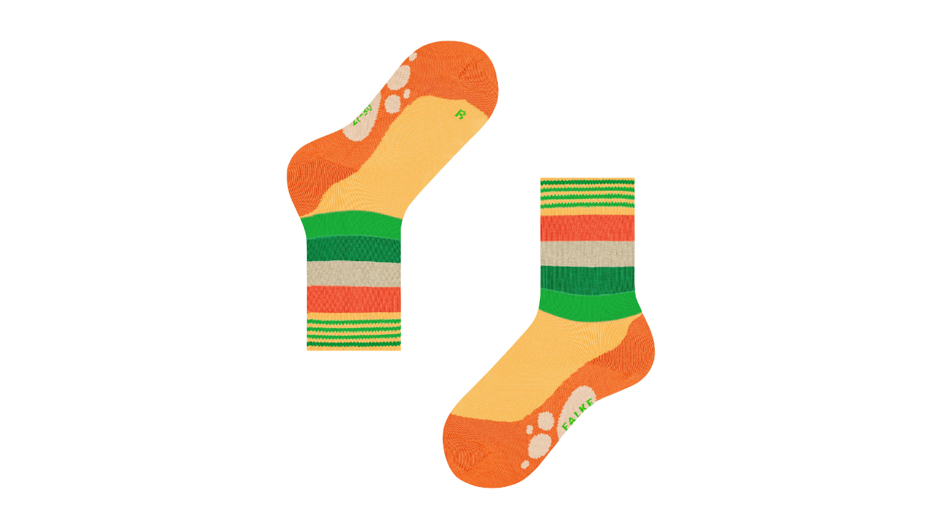 Kindersocken als Paar mit hohem Schaft und Streifenmuster, Seitenansicht.