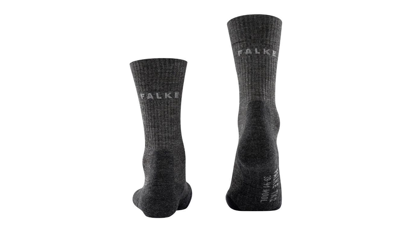 Socke als Paar mit mittelhohem Schaft und geschlossenem Fersenbereich, Rückansicht.
