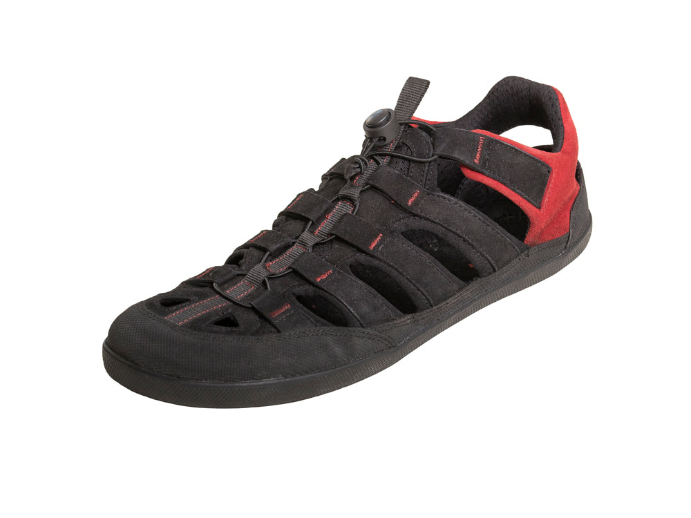 Barfußsandale, offene Zehen und geschlossener Fersenbereich, Riemen mit Schnellverschluss, flexible Sohle, einzelner Schuh, schräge Vorderansicht