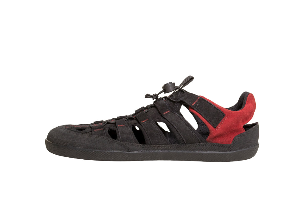 Barfußsandale, offene Zehen und geschlossener Fersenbereich, Riemen mit Schnellverschluss, flexible Sohle, einzelner Schuh, Seitenansicht innen