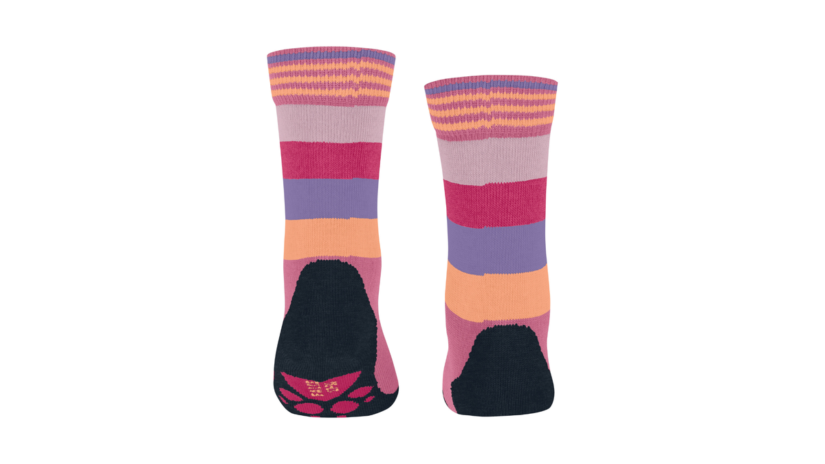 Kindersocken als Paar mit hohem Schaft und Streifenmuster, Rückansicht.