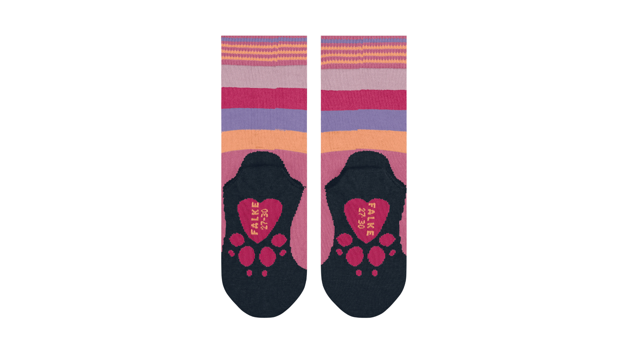 Kindersocken als Paar mit hohem Schaft und Motiv an der Sohle, Ansicht von unten.
