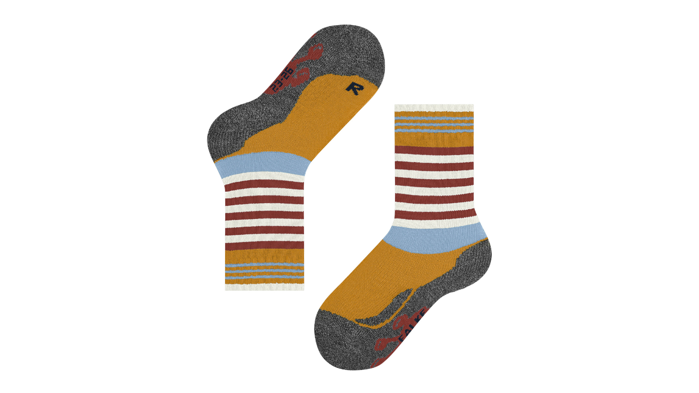 Kindersocken als Paar mit hohem Schaft und Streifenmuster, Seitenansicht.