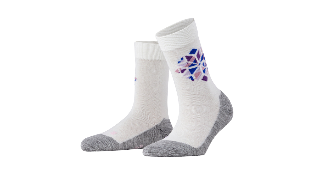 Paar Kindersocken in Wadenhöhe mit verstärktem Fersen- und Zehenbereich sowie Motiv am Schaft, Seitenansicht