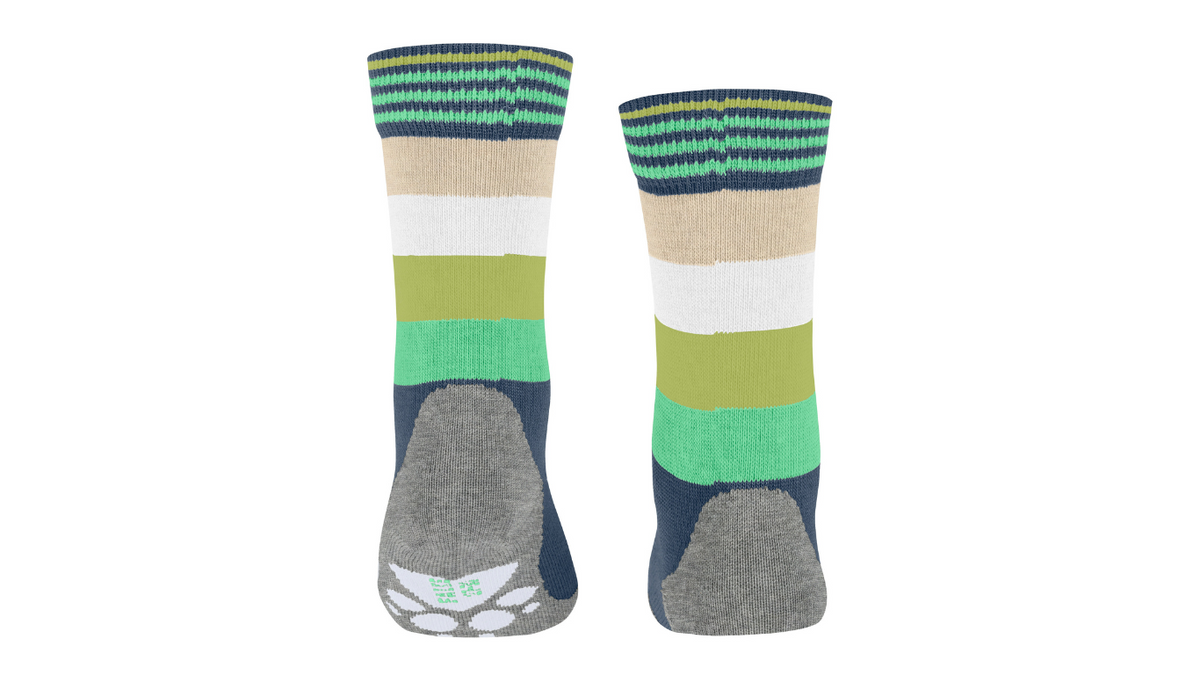 Kindersocken als Paar mit hohem Schaft und Streifenmuster, Rückansicht.