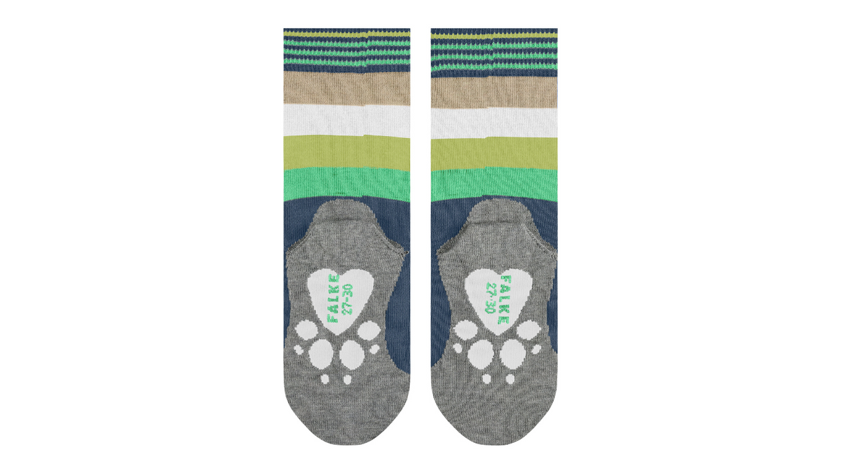 Kindersocken als Paar mit hohem Schaft und Motiv an der Sohle, Ansicht von unten.