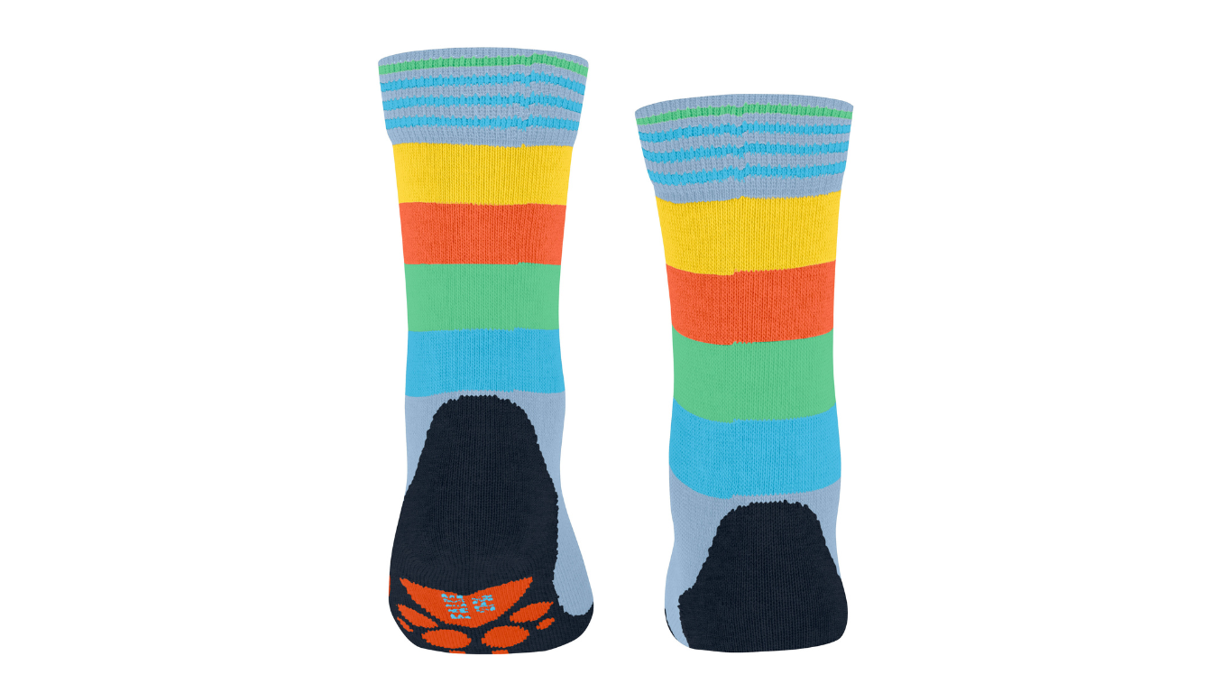 Kindersocken als Paar mit hohem Schaft und Streifenmuster, Rückansicht.