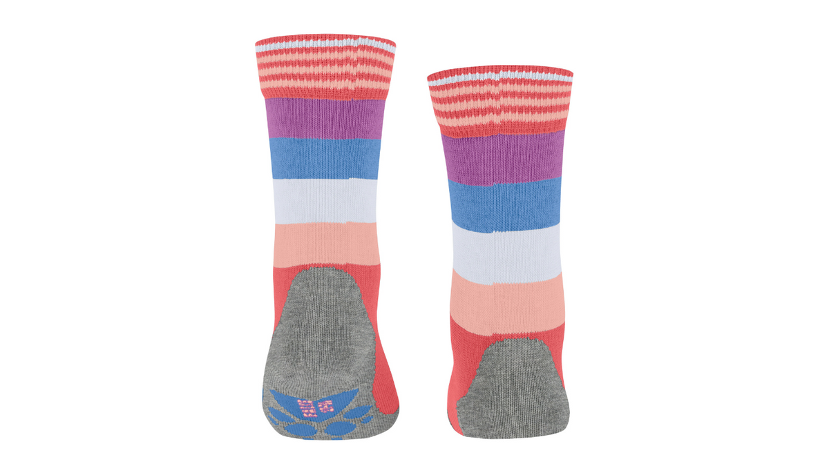 Kindersocken als Paar mit hohem Schaft und Streifenmuster, Rückansicht.