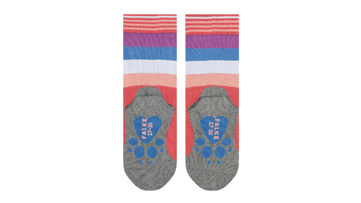 Kindersocken als Paar mit hohem Schaft und Motiv an der Sohle, Ansicht von unten.