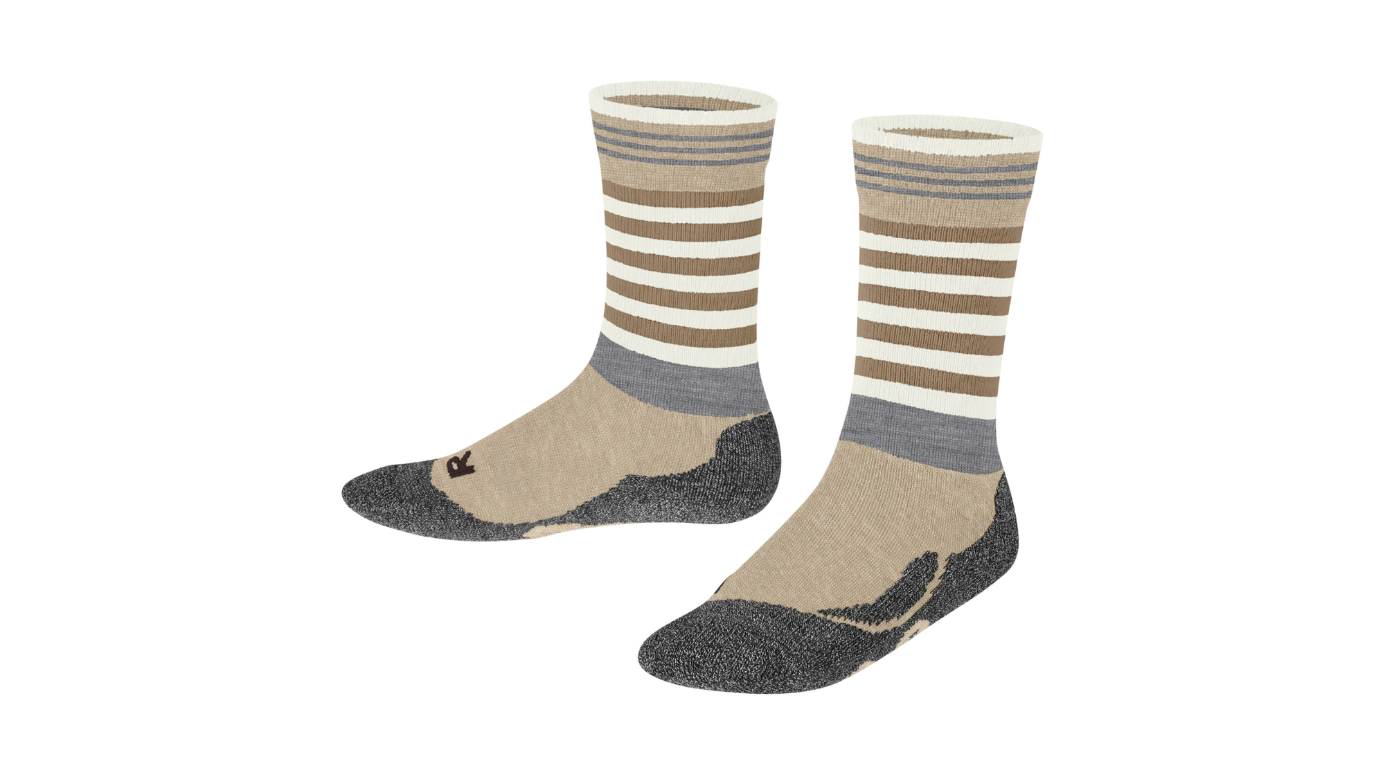 Paar wadenhohe Kindersocken mit Streifenmuster und abgesetztem Fersen- und Zehenbereich, Seitenansicht