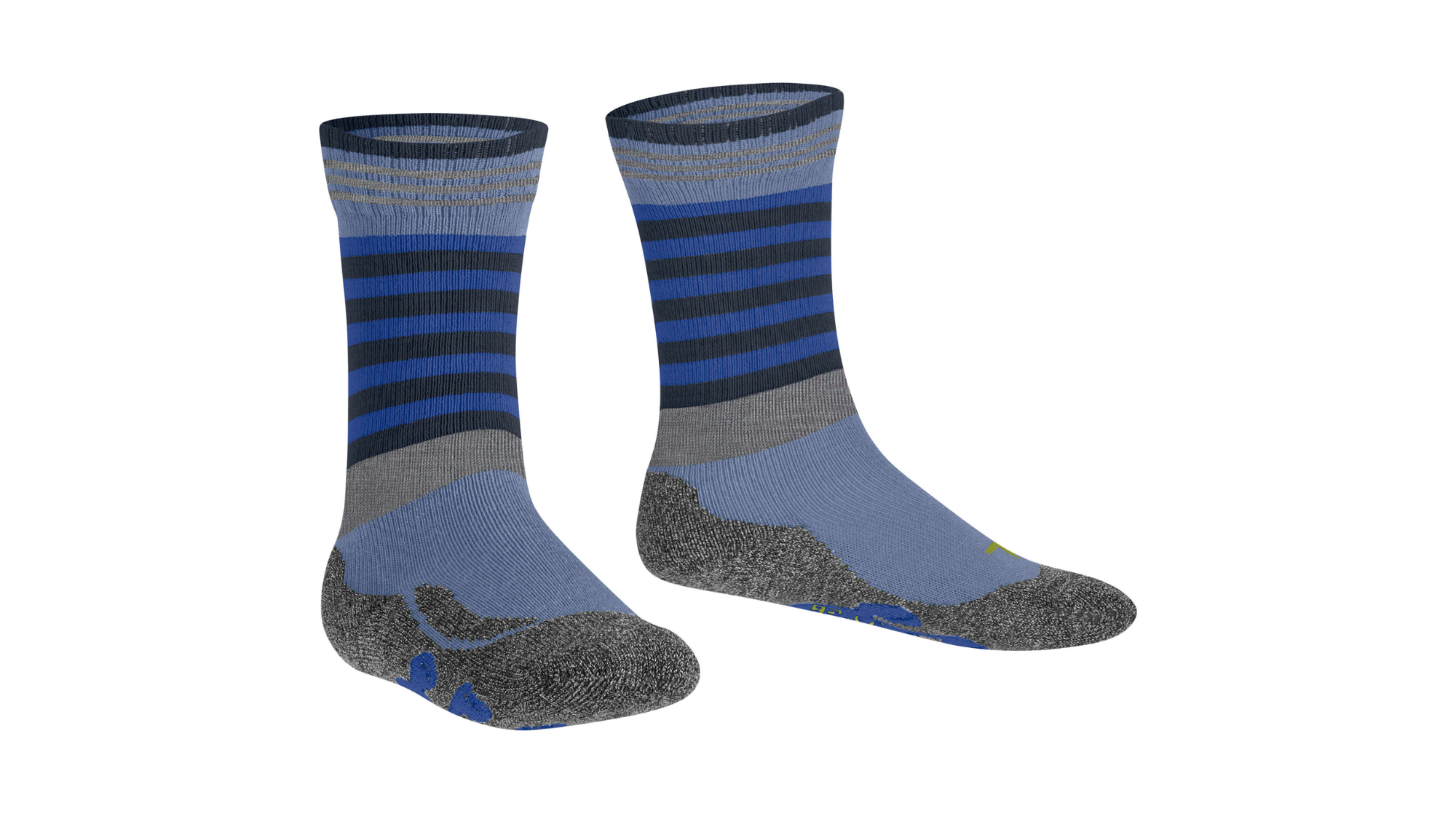 Paar wadenhohe Kindersocken mit Streifenmuster und abgesetztem Fersen- und Zehenbereich, schräge Vorderansicht