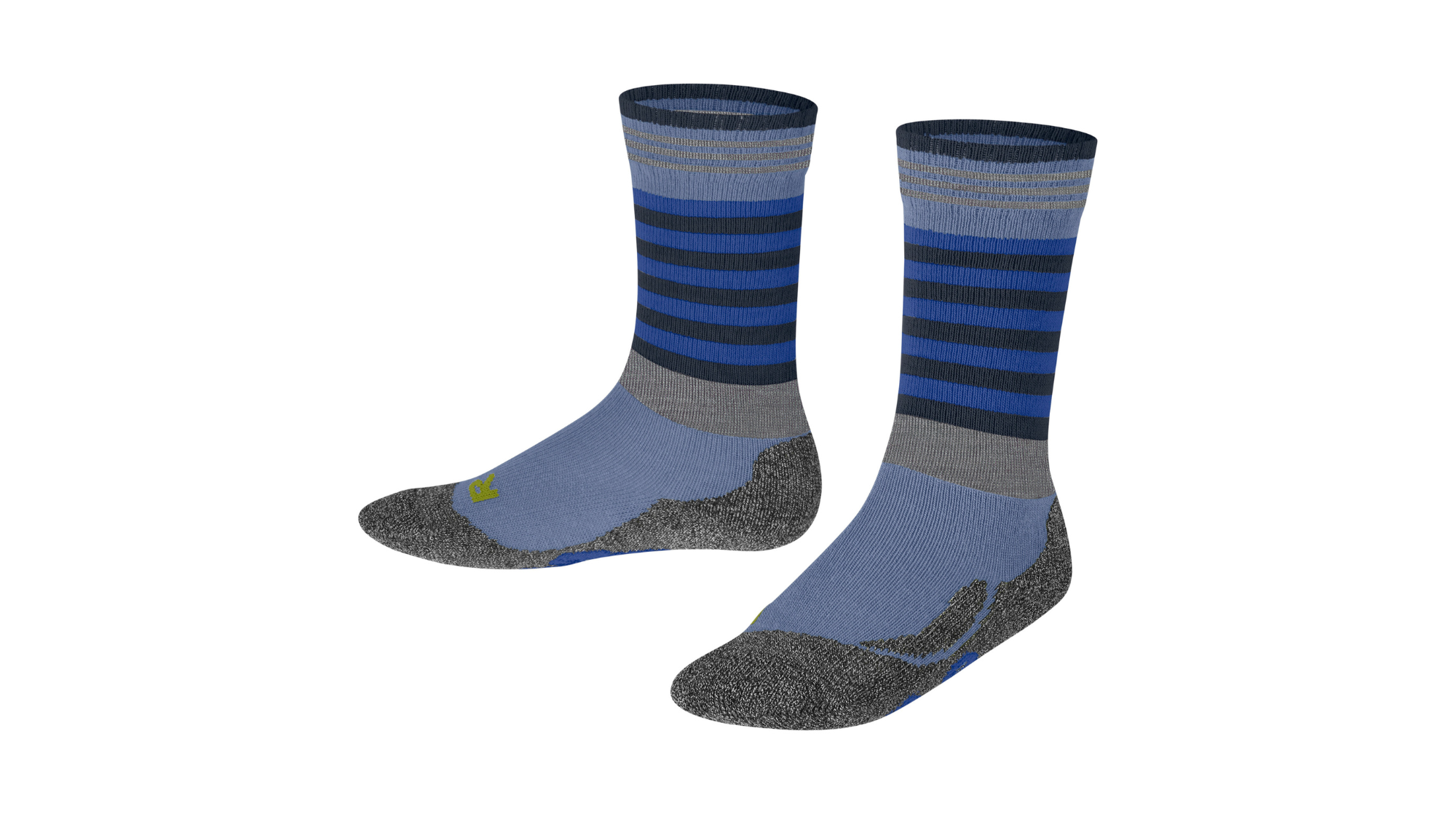 Paar wadenhohe Kindersocken mit Streifenmuster und abgesetztem Fersen- und Zehenbereich, Seitenansicht
