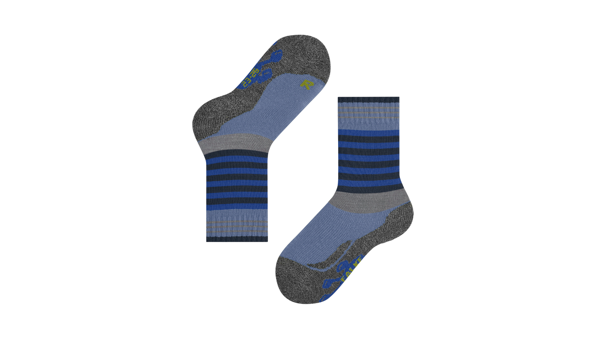 Paar wadenhohe Kindersocken mit Streifenmuster, ein Socken in Ansicht von unten, ein Socken in Seitenansicht