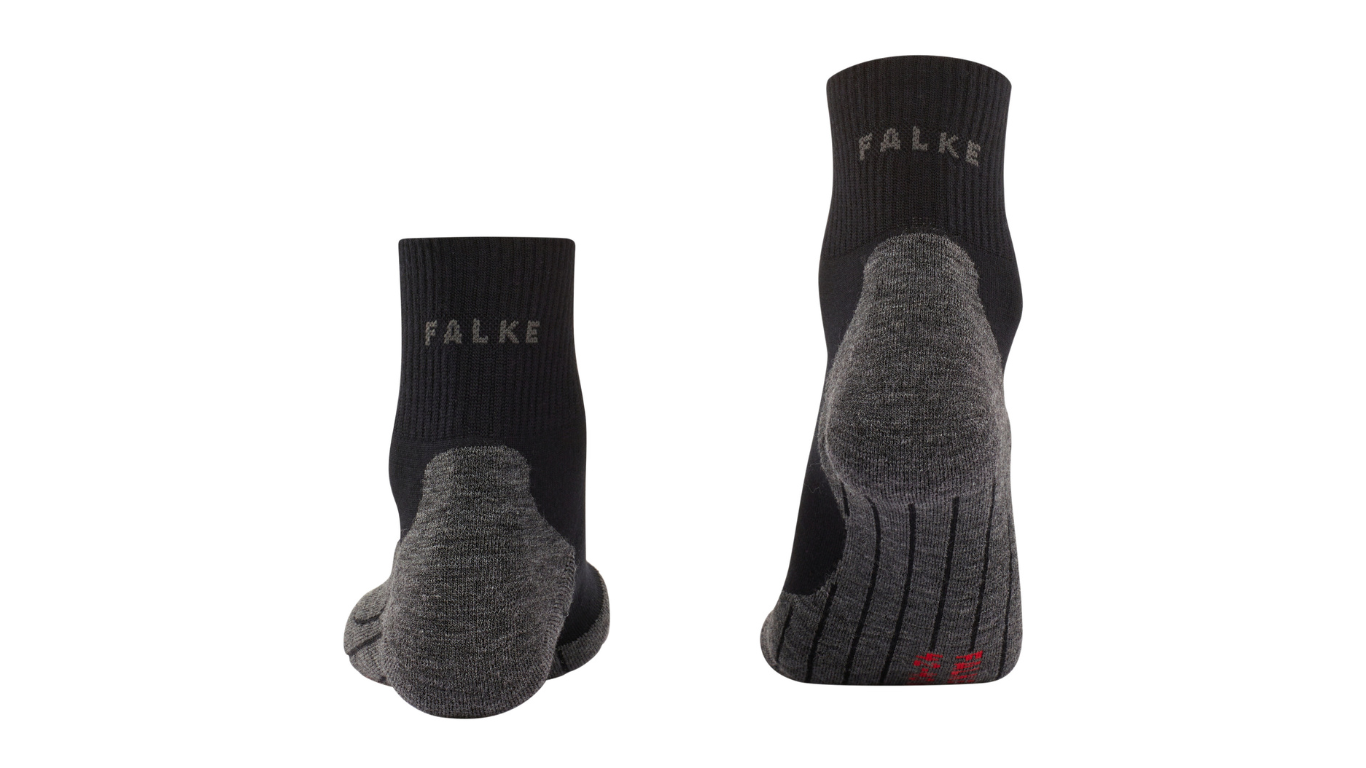 Socke als Paar mit mittelhohem Schaft, geschlossener Zehenpartie und geschlossenem Fersenbereich, Rückansicht.