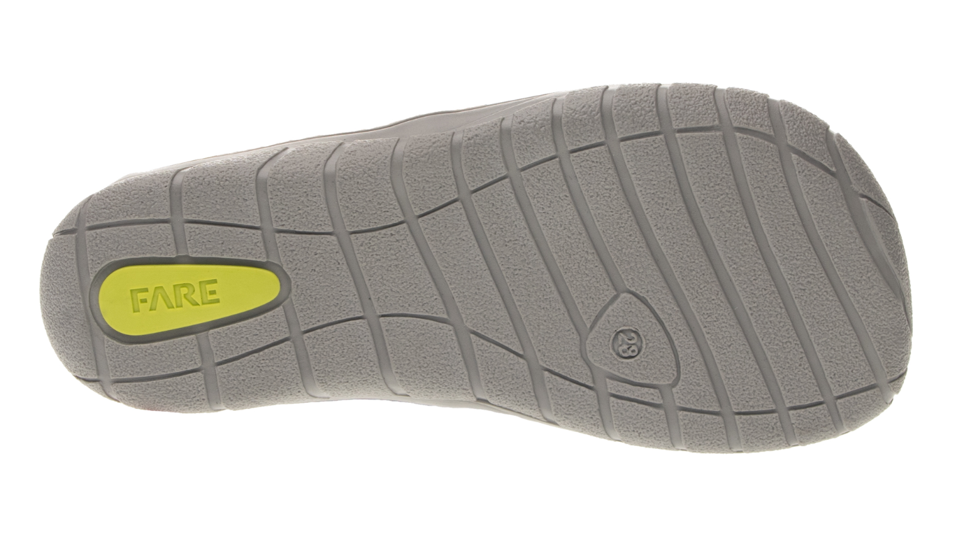 Barfußschuh für Kinder mit zwei Klettverschlüssen, geschlossener Zehenbox und geschlossenem Fersenbereich, flexible Sohle, Ansicht von unten