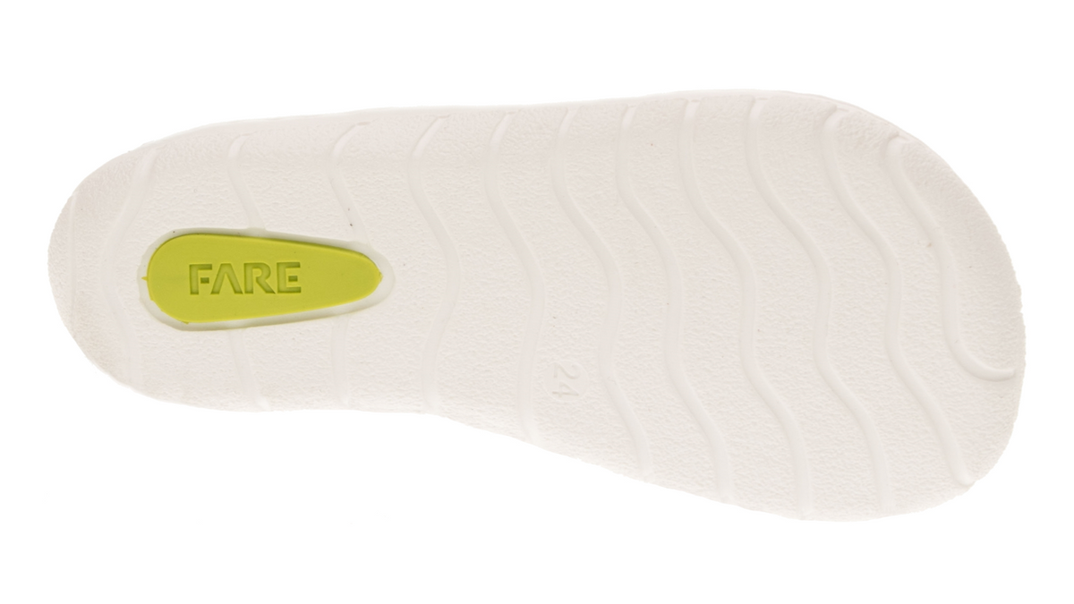 Barfußschuh für Kinder mit zwei Klettverschlüssen, geschlossener Zehenbox und geschlossenem Fersenbereich, flexible Sohle, Ansicht von unten