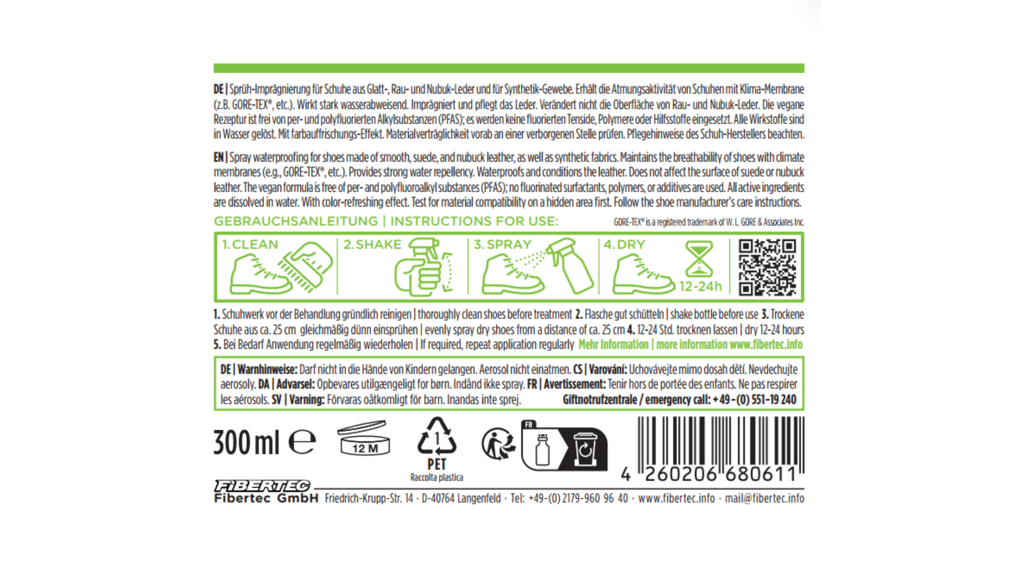 Etikett auf der Rückseite des Imprägniersprays mit Anwendungshinweisen und Produktinformationen
