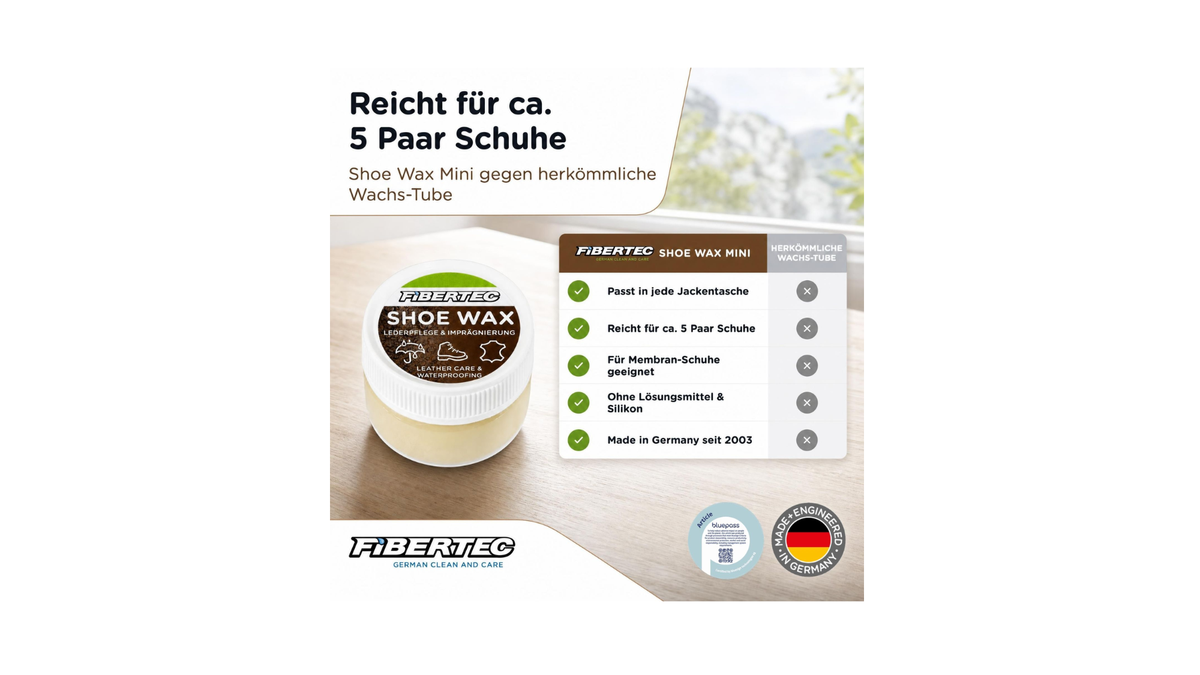 Lederwachs zur Schuhpflege, Produktübersicht mit Dose und Angabe zur Ergiebigkeit für mehrere Paar Schuhe, Detailansicht