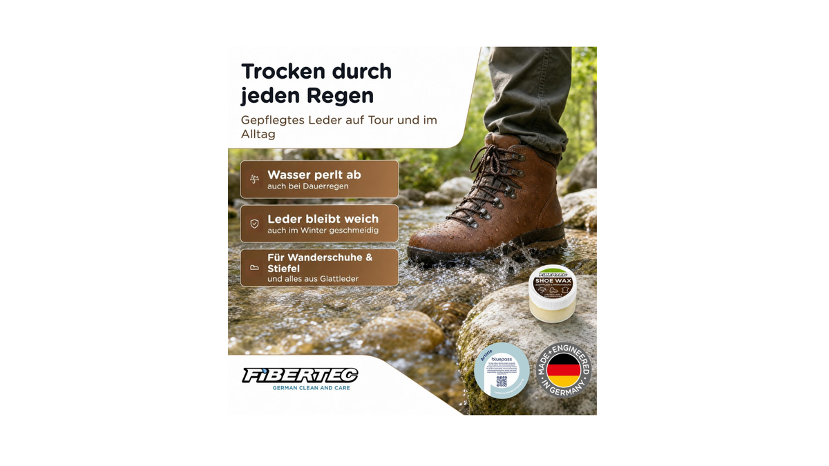 Lederwachs zur Schuhpflege, Anwendungshinweis mit behandeltem Schuh und Darstellung des Abperleffekts, Detailansicht