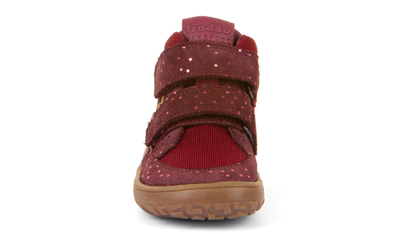 Barfußschuh mit zwei Klettverschlüssen, geschlossene Zehen und geschlossener Fersenbereich, Vorderansicht