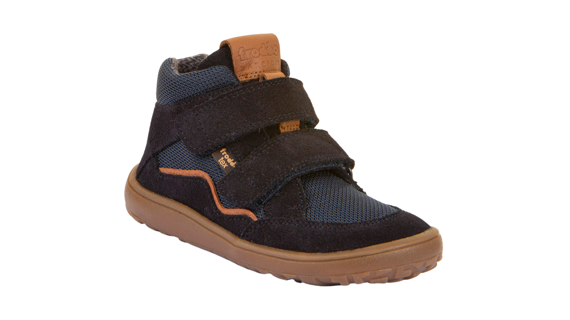 Barfußschuh mit zwei Klettverschlüssen, geschlossene Zehen und geschlossener Fersenbereich, schräge Vorderansicht