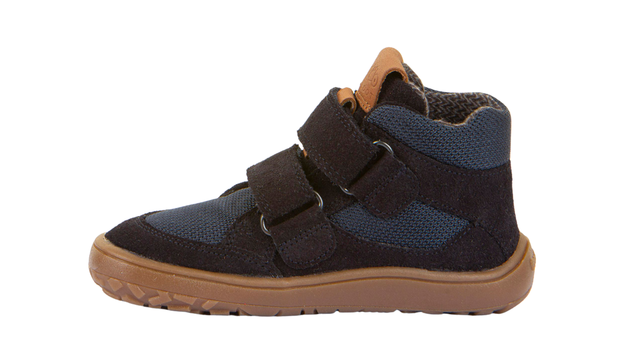 Barfußschuh mit zwei Klettverschlüssen, geschlossene Zehen und geschlossener Fersenbereich, Seitenansicht innen