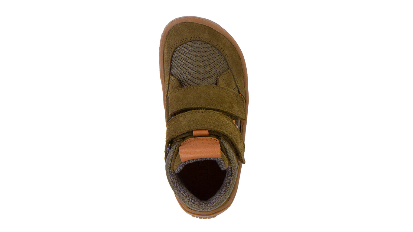 Barfußschuh mit zwei Klettverschlüssen, geschlossene Zehen und geschlossener Fersenbereich, Draufsicht