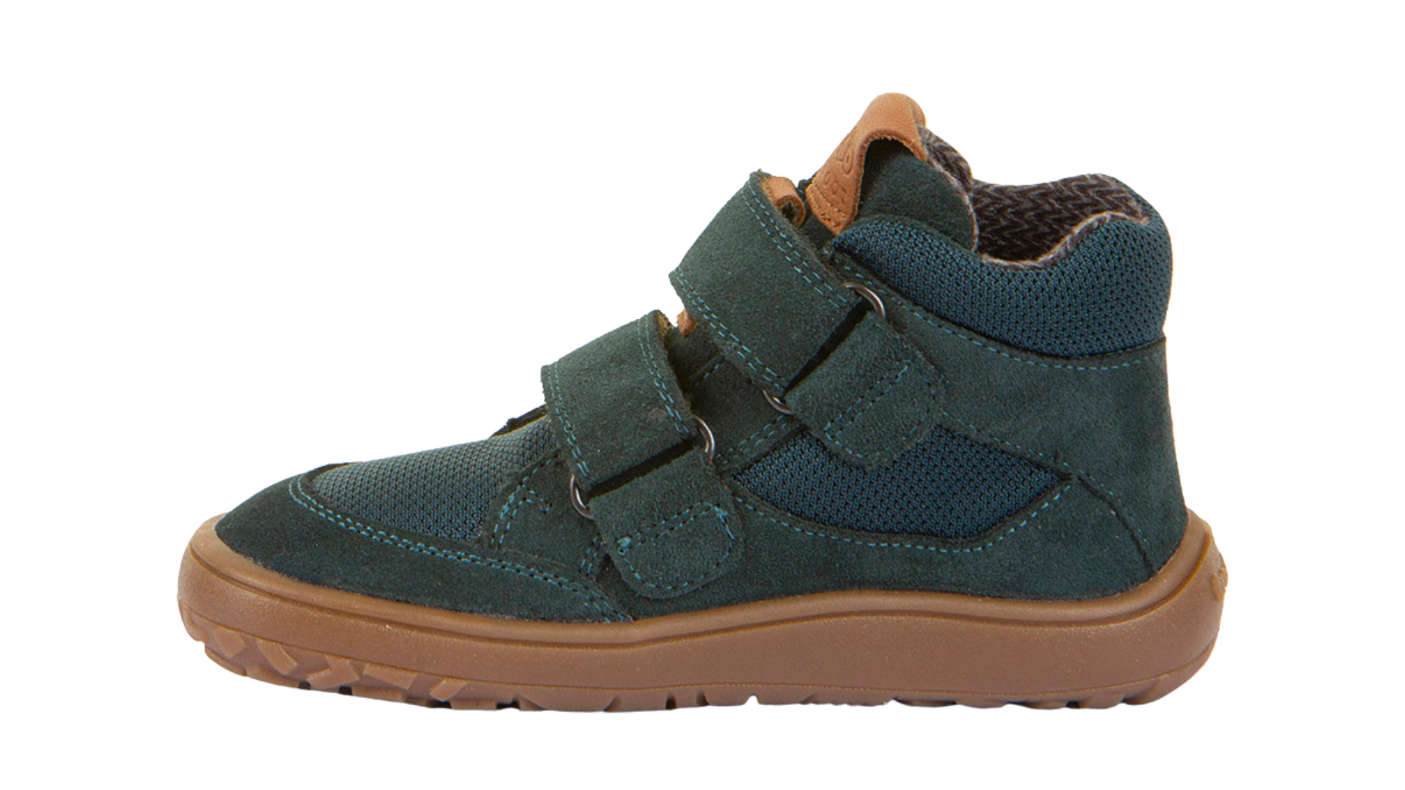 Barfußschuh mit zwei Klettverschlüssen, geschlossene Zehen und geschlossener Fersenbereich, Seitenansicht innen