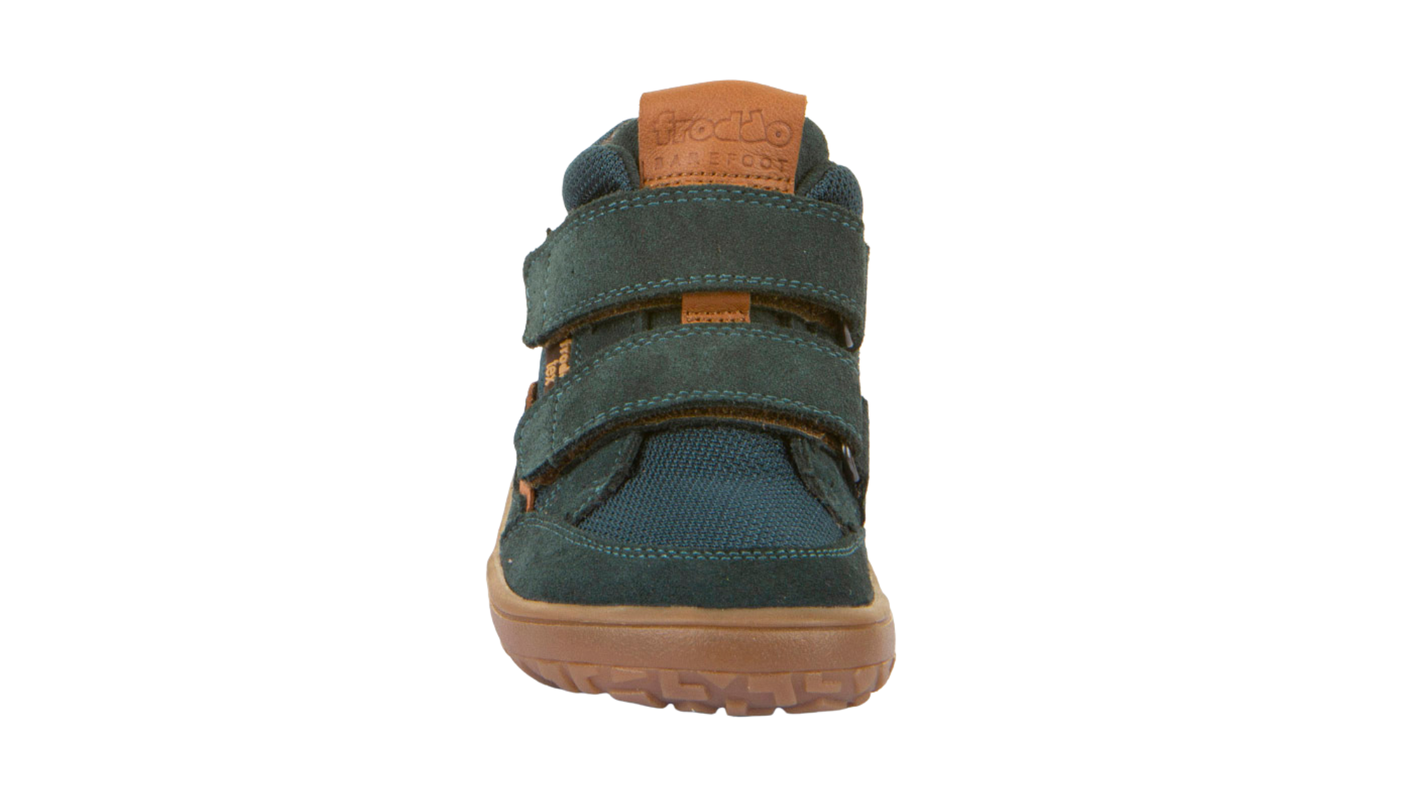 Barfußschuh mit zwei Klettverschlüssen, geschlossene Zehen und geschlossener Fersenbereich, Vorderansicht