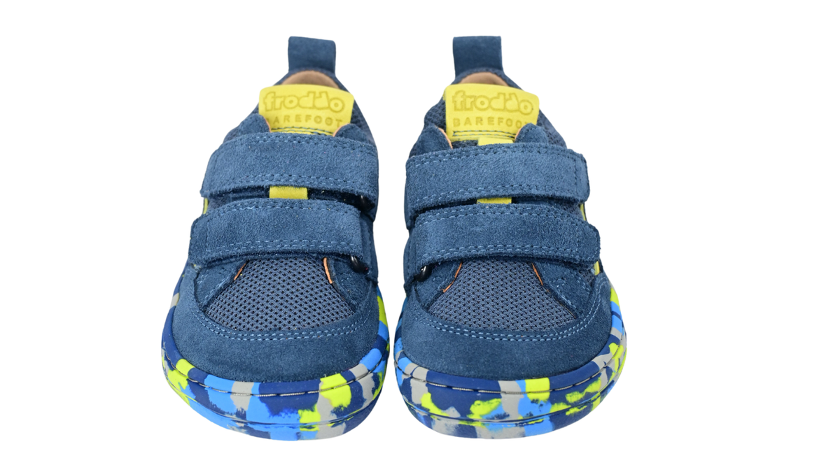 Barfußschuh für Kinder mit zwei Klettverschlüssen, geschlossene Zehen und geschlossener Fersenbereich, Draufsicht, Paar