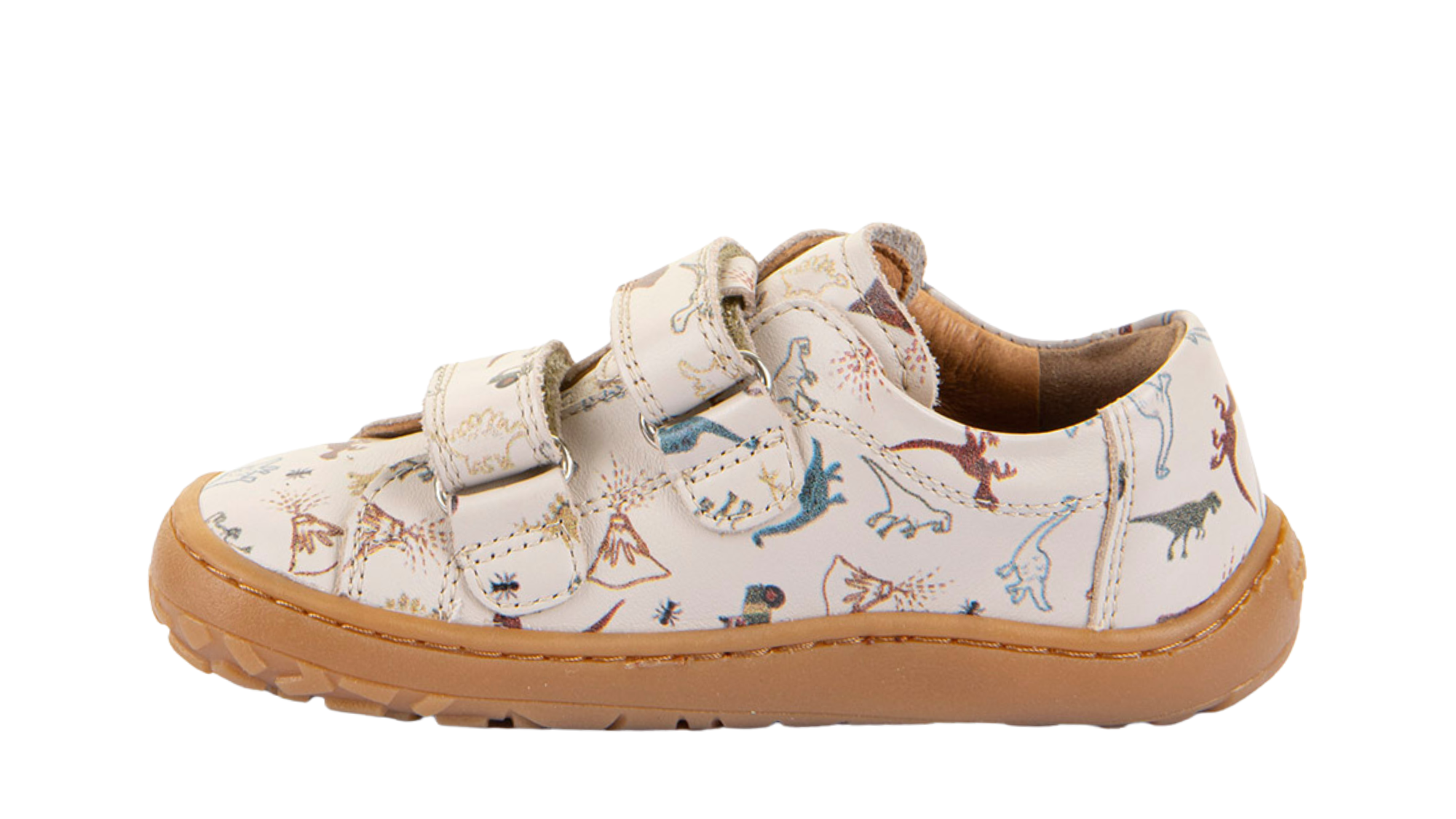 Barfußschuh für Kinder, geschlossene Zehen und geschlossener Fersenbereich, zwei Klettverschlüsse, flexible Sohle, Muster auf dem Obermaterial, Seitenansicht innen, Einzelschuh