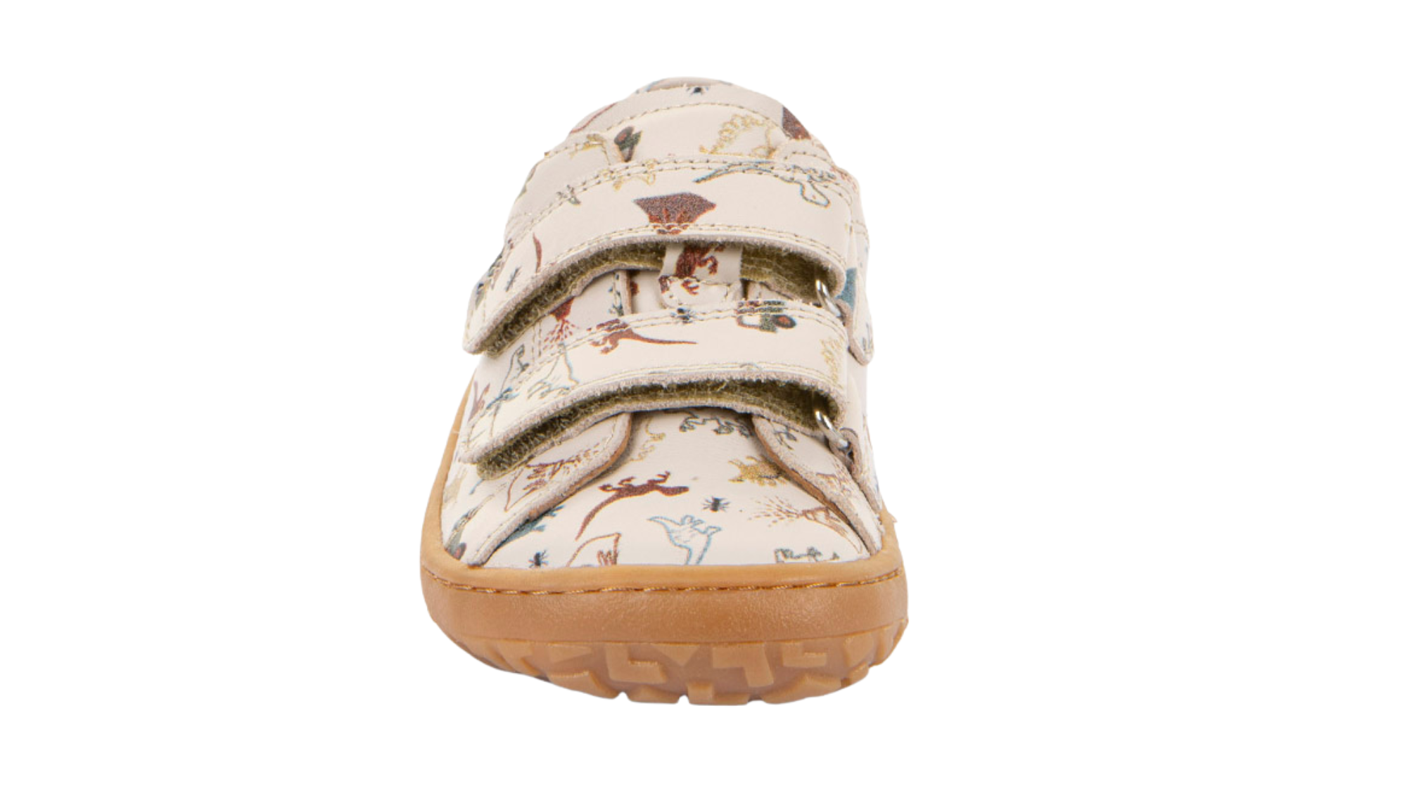 Barfußschuh für Kinder, geschlossene Zehen und geschlossener Fersenbereich, zwei Klettverschlüsse, flexible Sohle, Muster auf dem Obermaterial, Vorderansicht, Einzelschuh