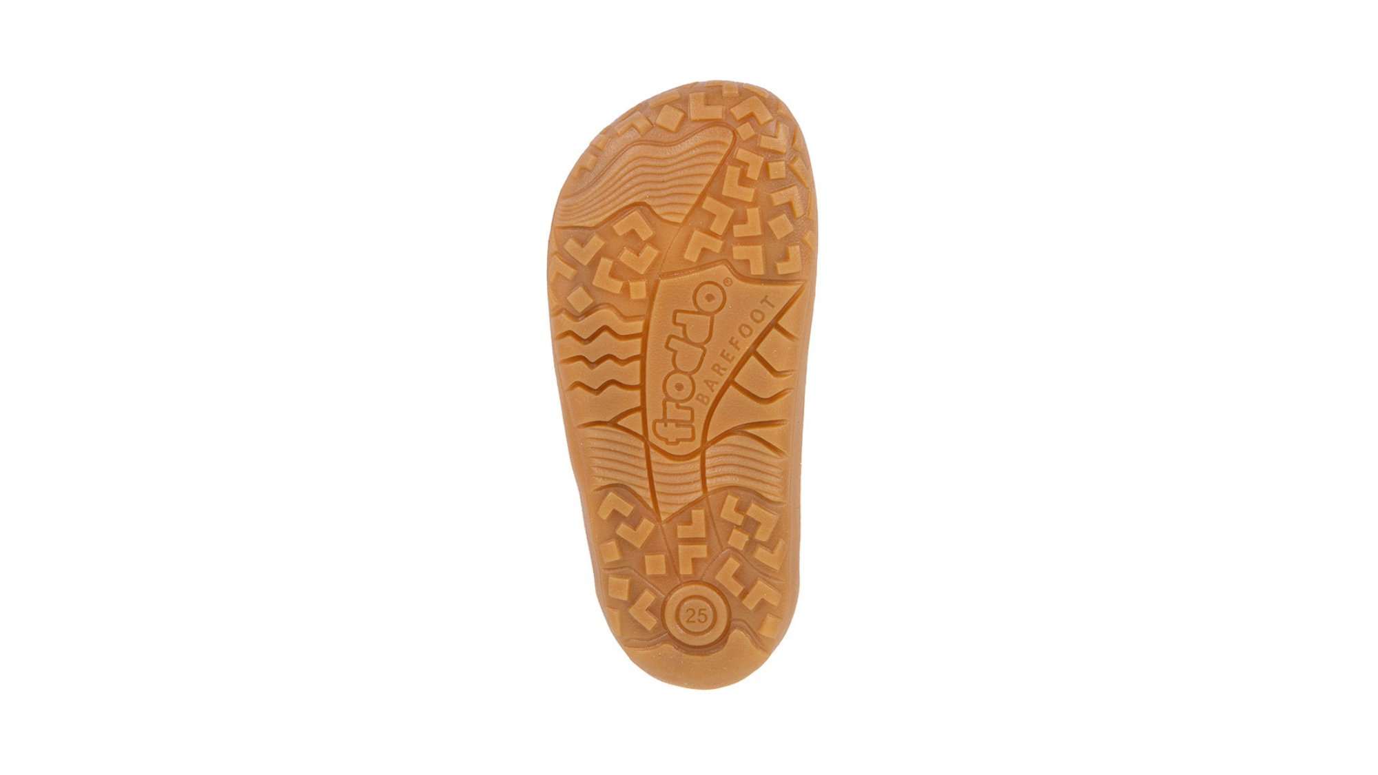 Barfußschuh für Kinder, geschlossene Zehen und geschlossener Fersenbereich, zwei Klettverschlüsse, flexible Sohle, Muster auf dem Obermaterial, Ansicht von unten, Einzelschuh